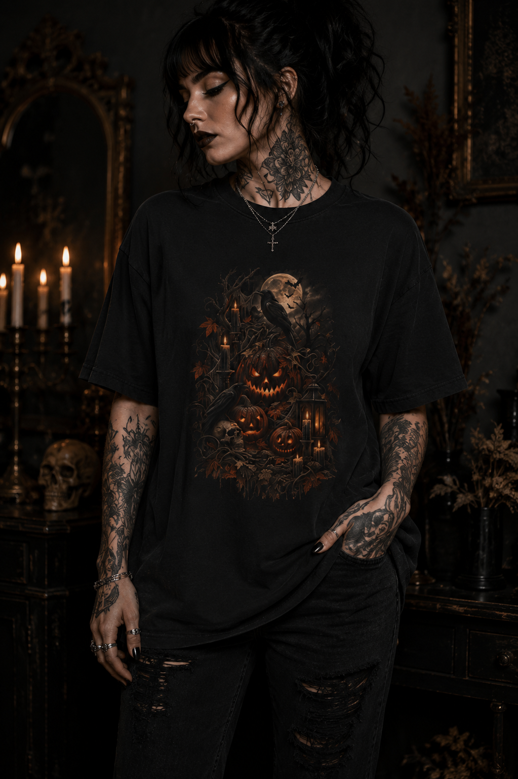 Halloween Jack-O'-Lantern T-Shirt — Spooky Pumpkin & Raven Design