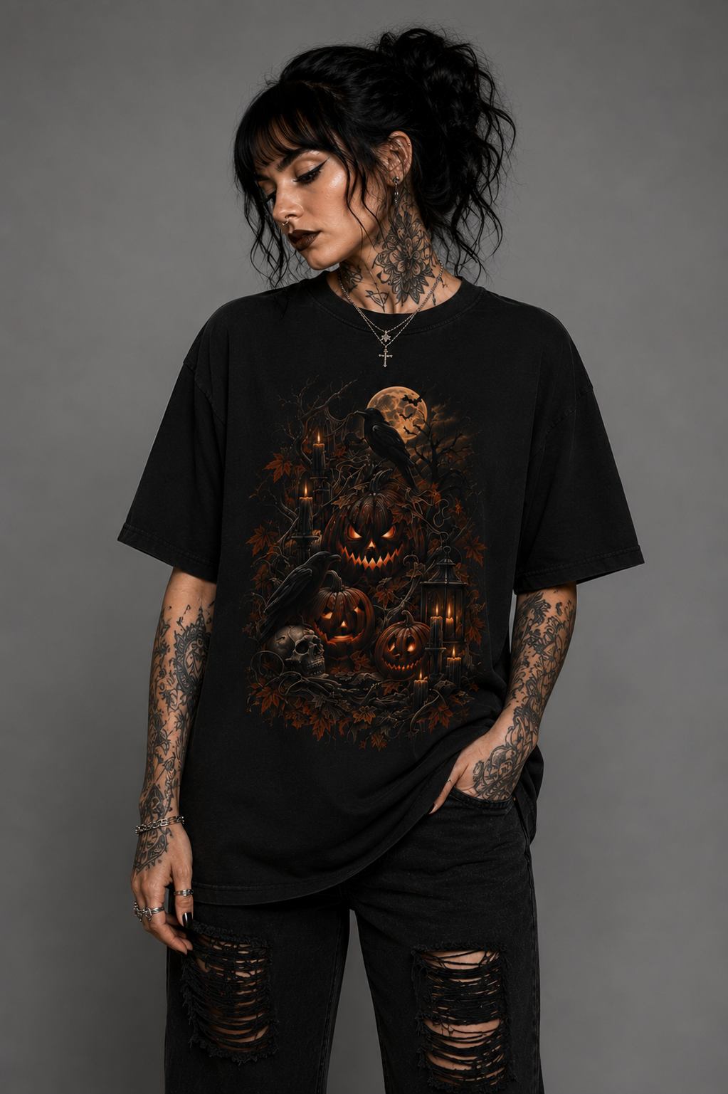 Halloween Jack-O'-Lantern T-Shirt — Spooky Pumpkin & Raven Design