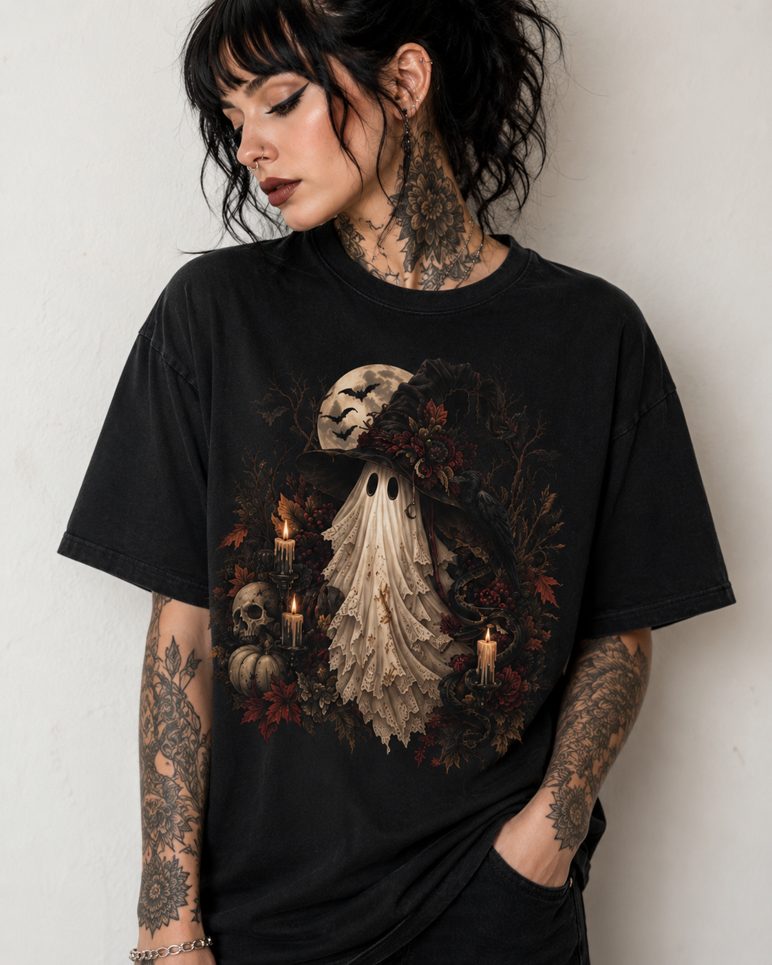 Vintage Ghost Halloween T-Shirt — Spooky Candlelit Autumn Design