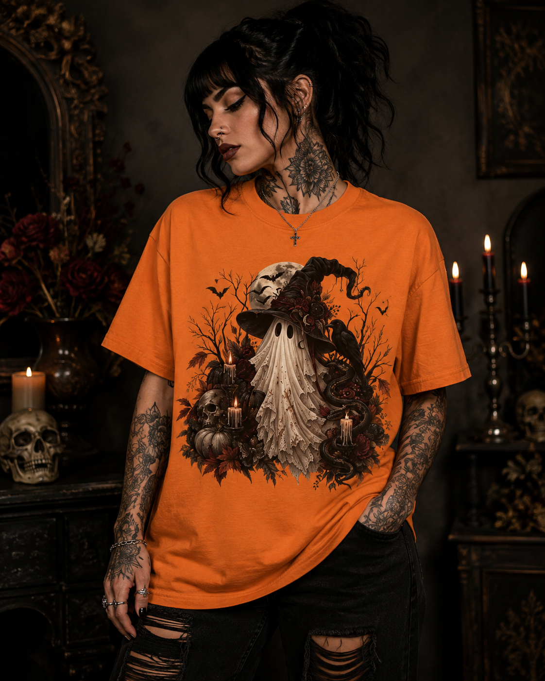Vintage Ghost Halloween T-Shirt — Spooky Candlelit Autumn Design