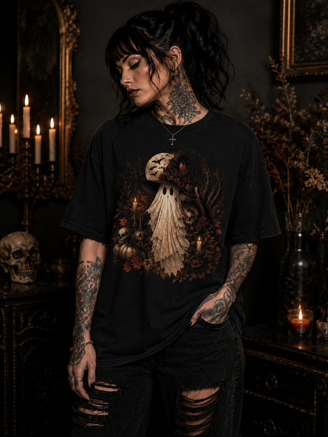 Vintage Ghost Halloween T-Shirt — Spooky Candlelit Autumn Design