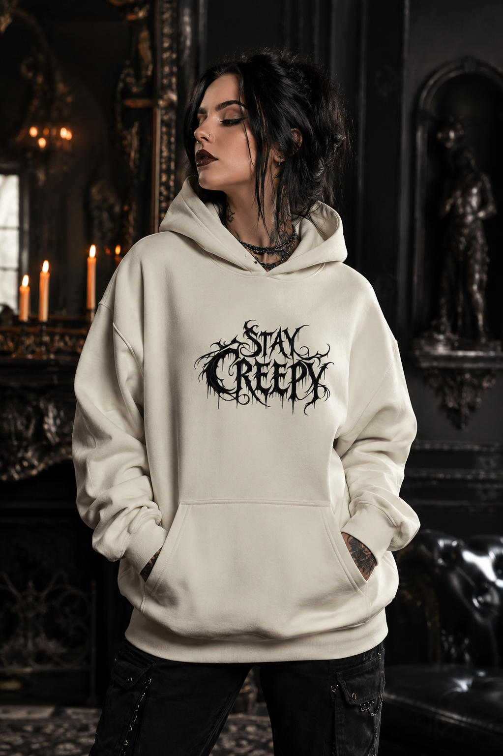 Stay Creepy Hoodie — Gothic Drippy Logo Pullover