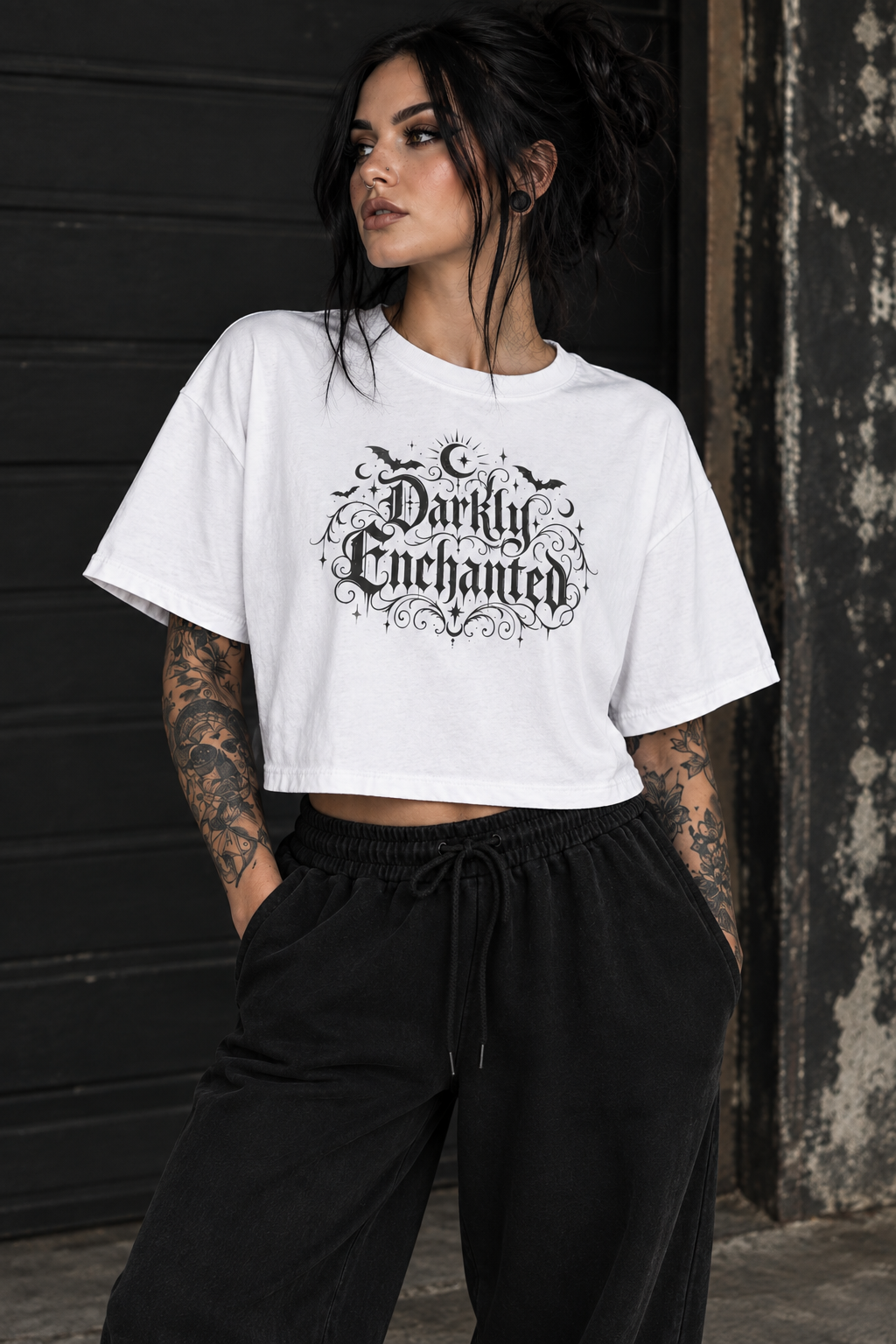 Darkly Enchanted Women's Boxy Tee — Gothic Moon & Bats Graphic