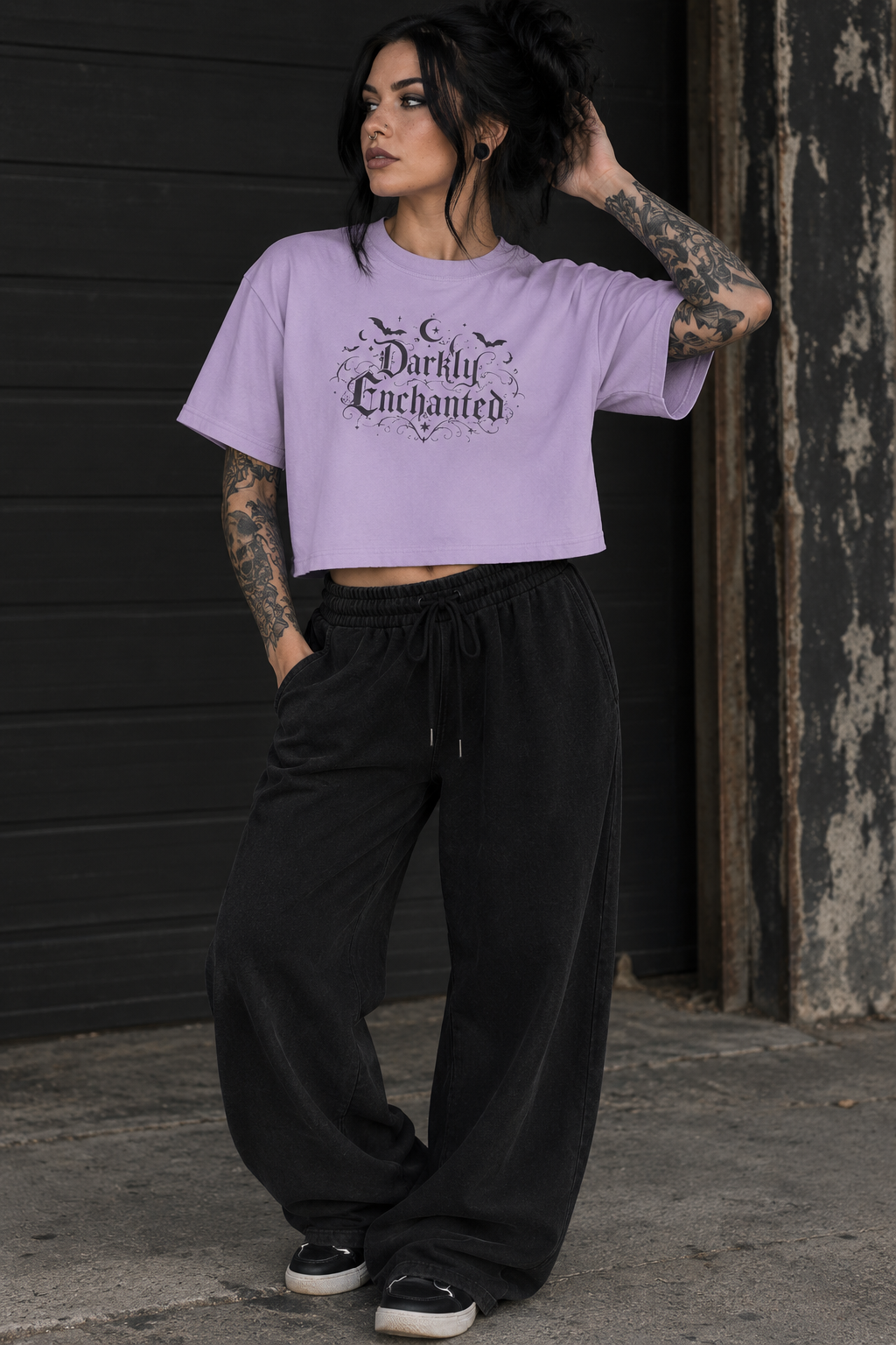Darkly Enchanted Women's Boxy Tee — Gothic Moon & Bats Graphic