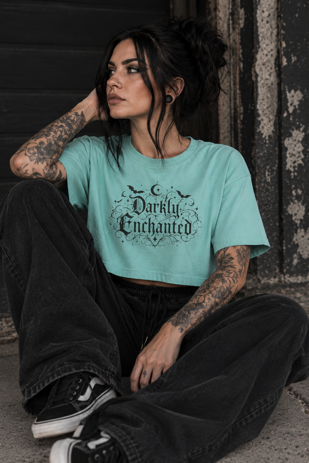 Darkly Enchanted Women's Boxy Tee — Gothic Moon & Bats Graphic