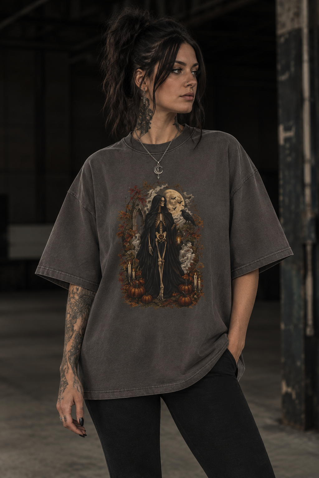 Grim Reaper Halloween T-Shirt — Gothic Pumpkin & Moon Tee