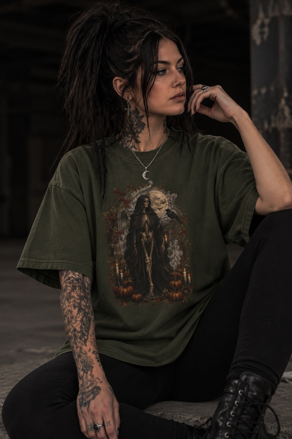 Grim Reaper Halloween T-Shirt — Gothic Pumpkin & Moon Tee