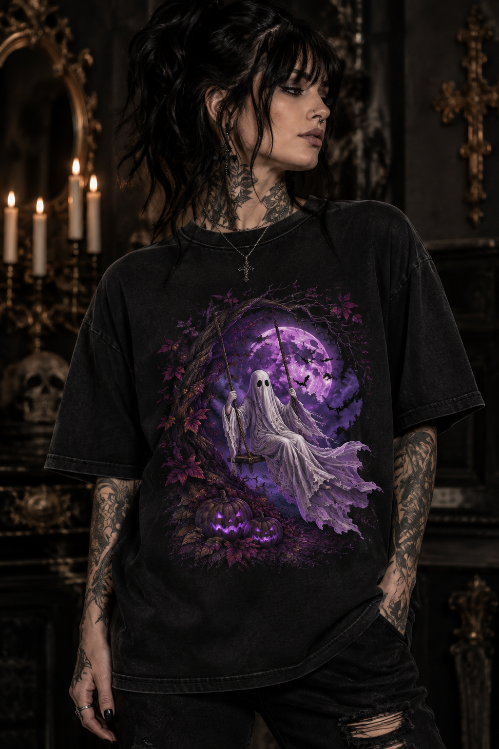 Halloween Ghost T-Shirt — Purple Moon Haunted Night Tee
