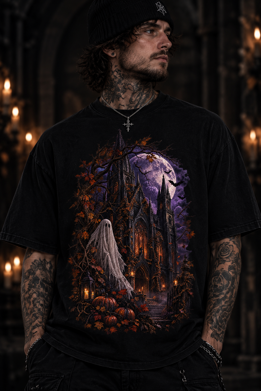 Halloween Ghost T-Shirt — Spooky Pumpkin Forest Moonlight Tee
