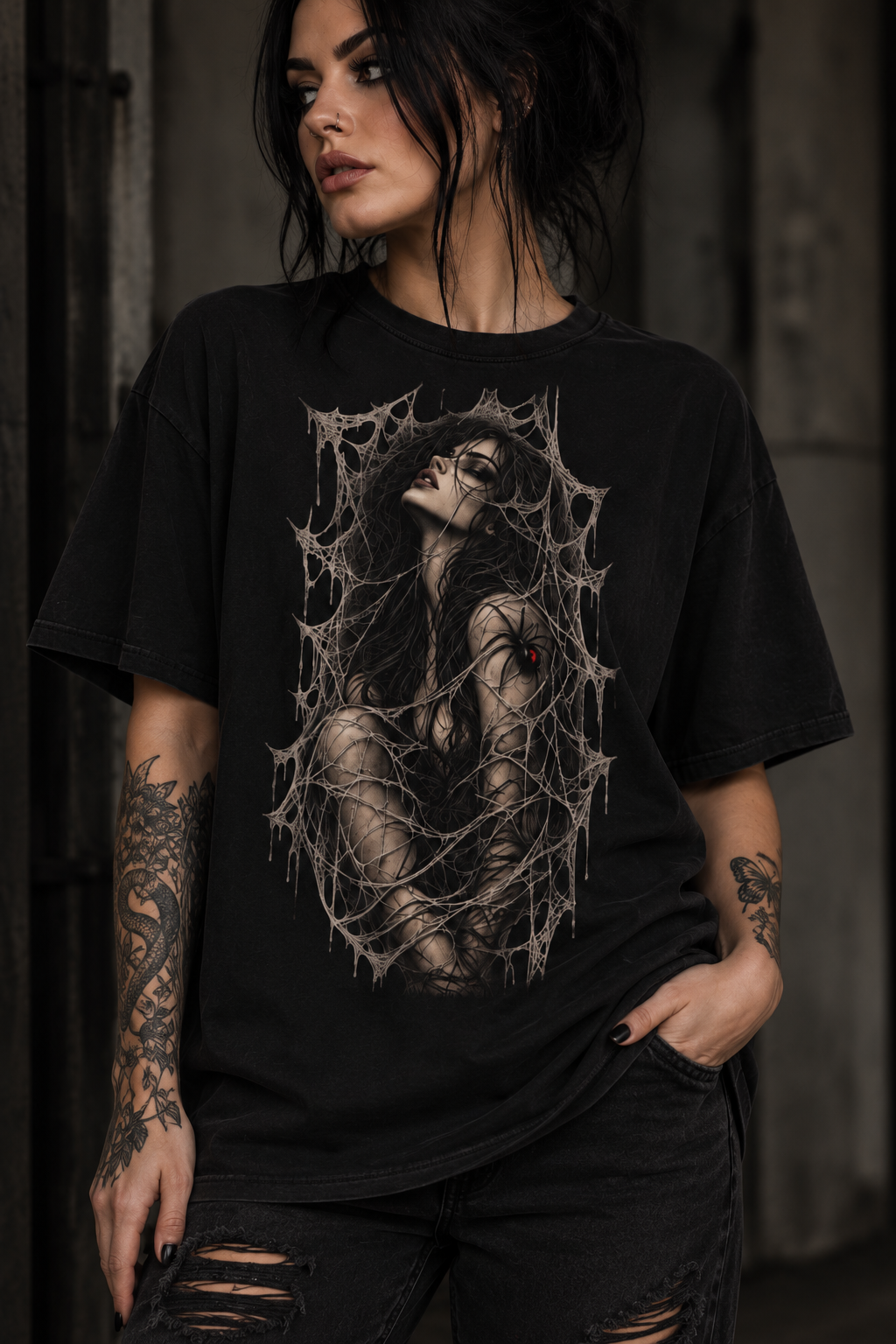 Gothic Web Embrace T-Shirt — Dark Art Femme in Cobweb Frame