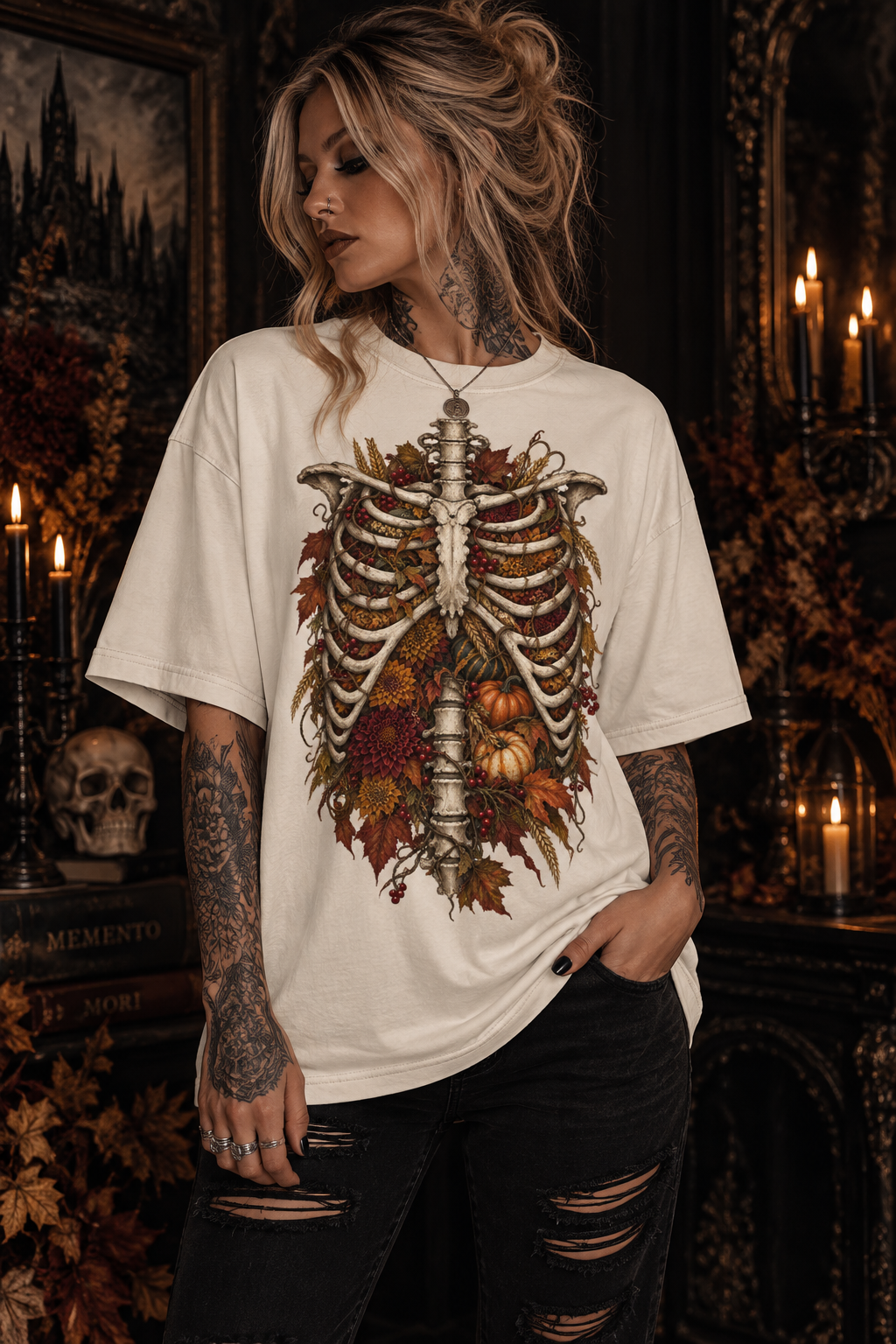 Anatomical Ribcage Tee with Autumn Leaves — Distressed Skeleton Chest Graphic T-Shirt