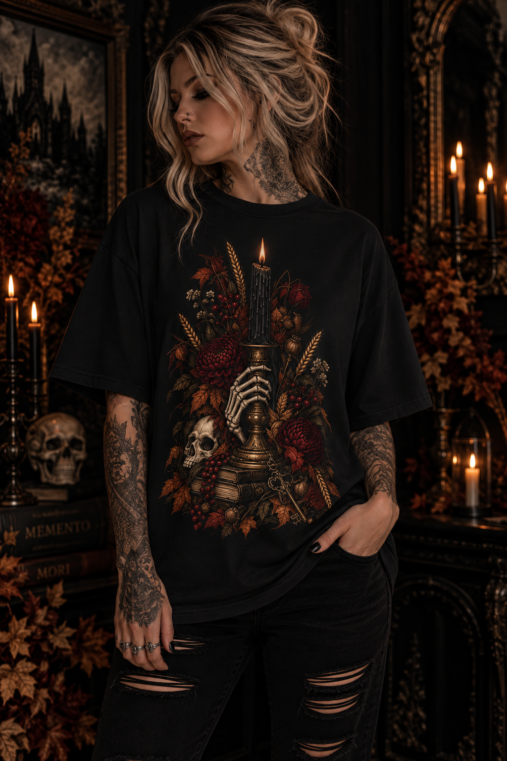 Gothic Candle T-Shirt — Hand Holding Burning Candle with Skull & Floral Design