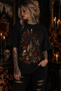 Gothic Candle T-Shirt — Hand Holding Burning Candle with Skull & Floral Design