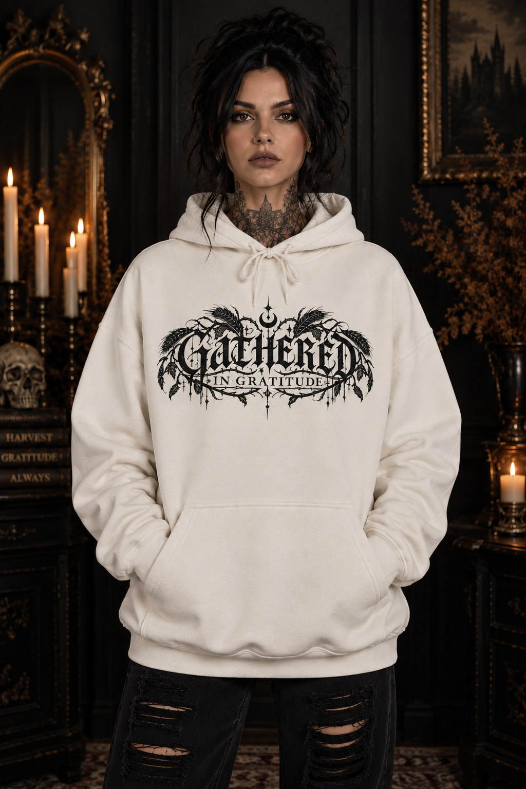 Gathered in Gratitude Hoodie — Gothic Winged Script Pullover
