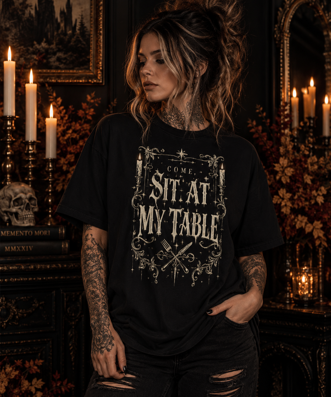 Gothic “Come Sit at My Table” Graphic T-Shirt