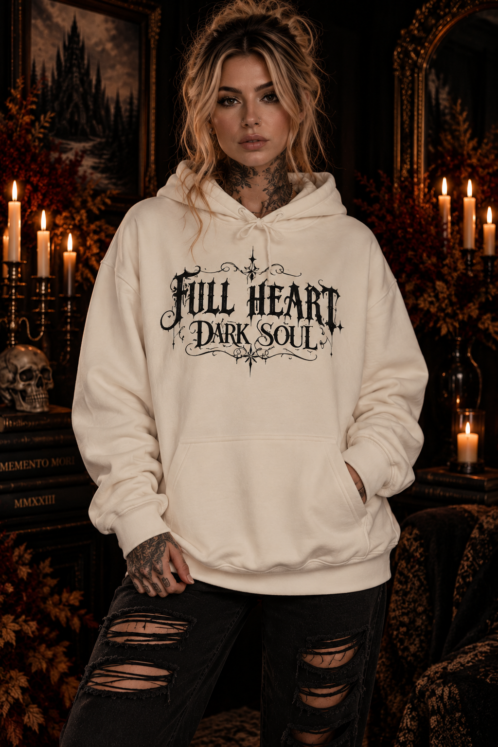 Dark Soul 'Full Heart' Hoodie — Gothic Script Graphic Sweatshirt