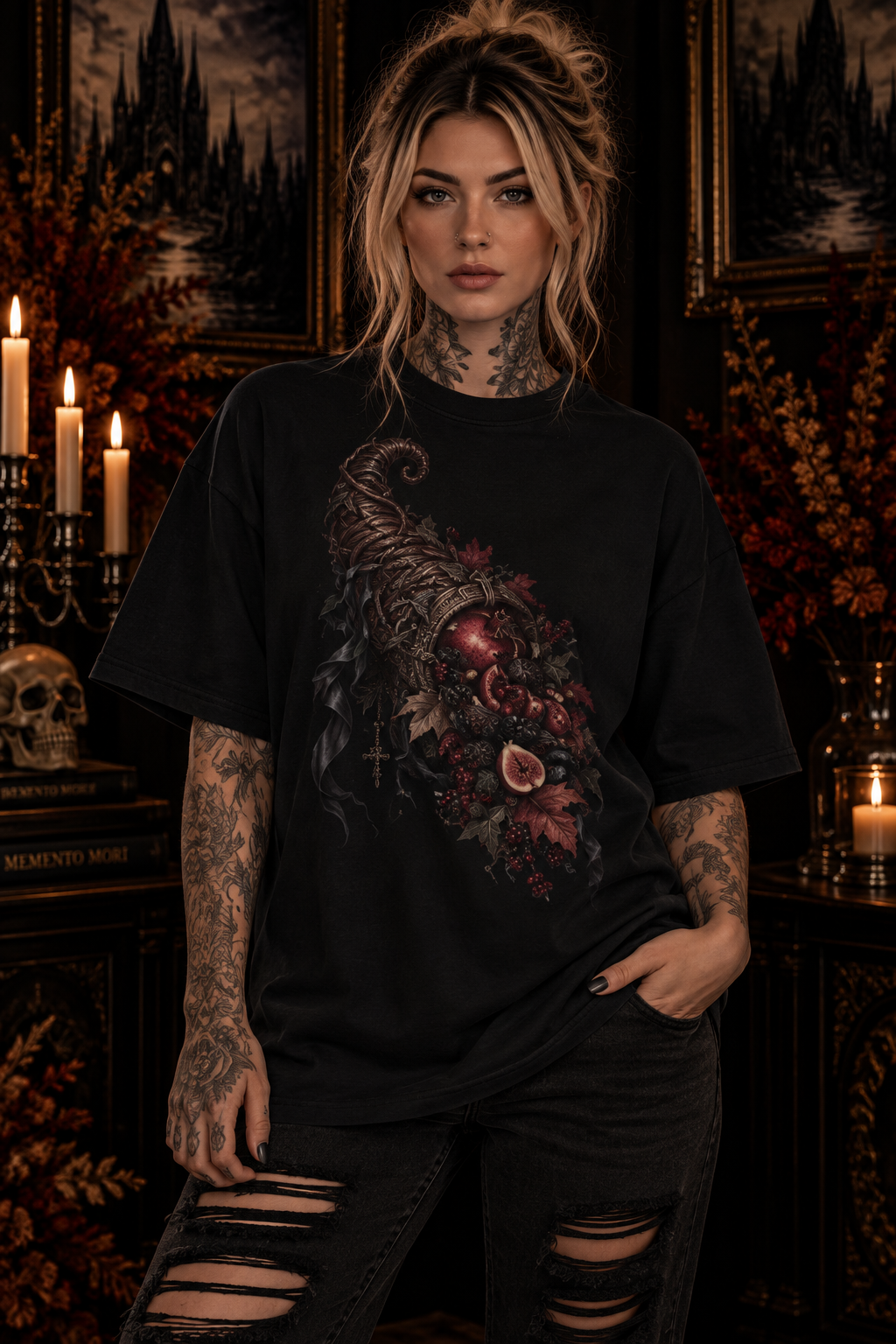 Dark Floral Cornucopia T-Shirt — Gothic Harvest Graphic Tee