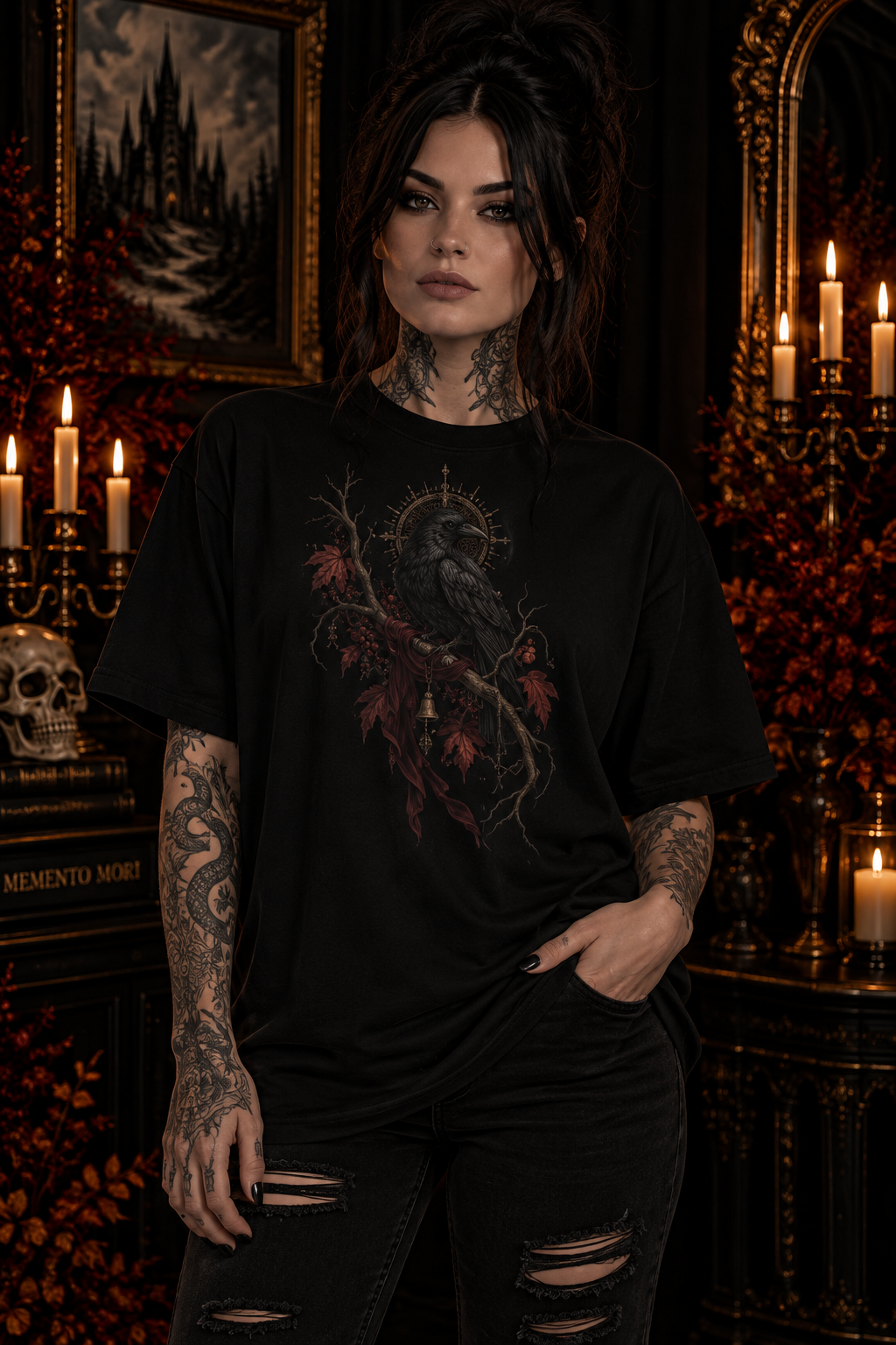 Gothic Raven Tee — Dark Crow with Thorny Halo Graphic Shirt