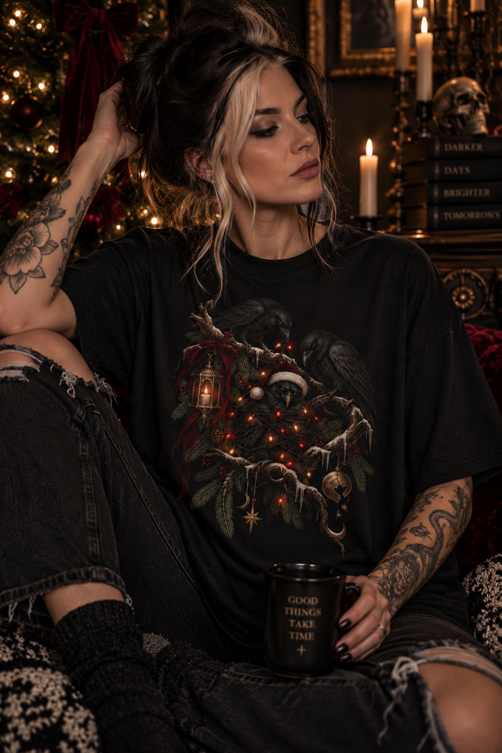 Christmas Crow T-Shirt — Festive Raven with Ornaments & Lights