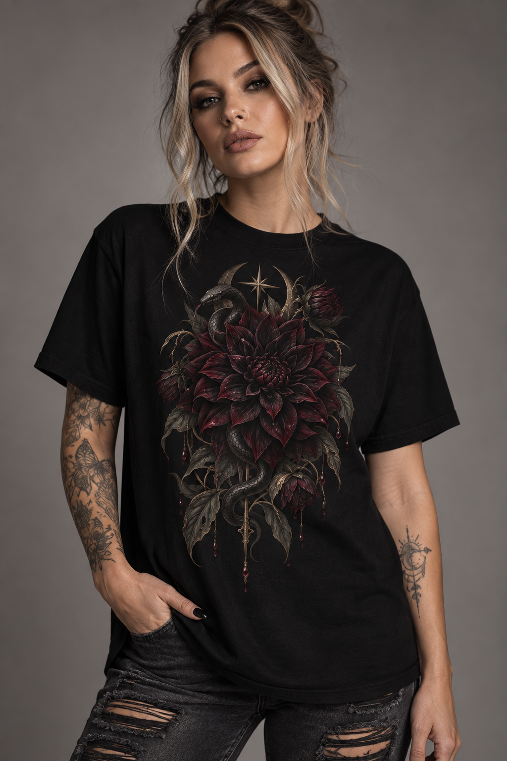Dark Floral T-Shirt — Gothic Dahlia Graphic Tee