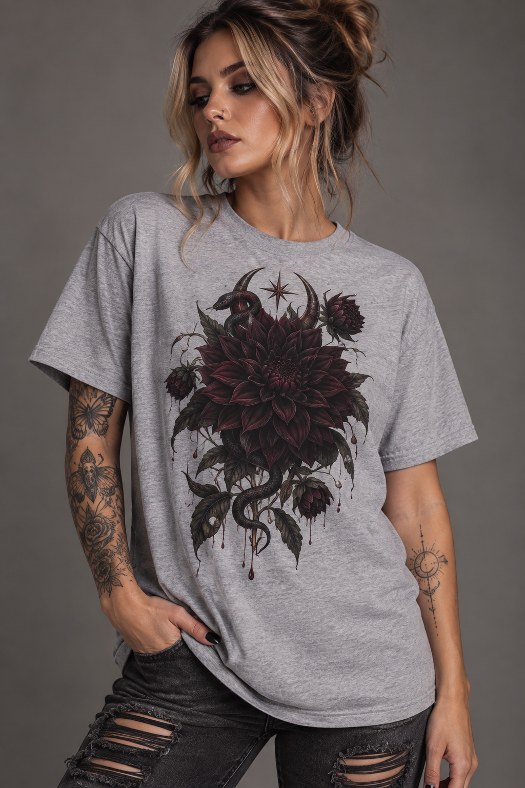 Dark Floral T-Shirt — Gothic Dahlia Graphic Tee