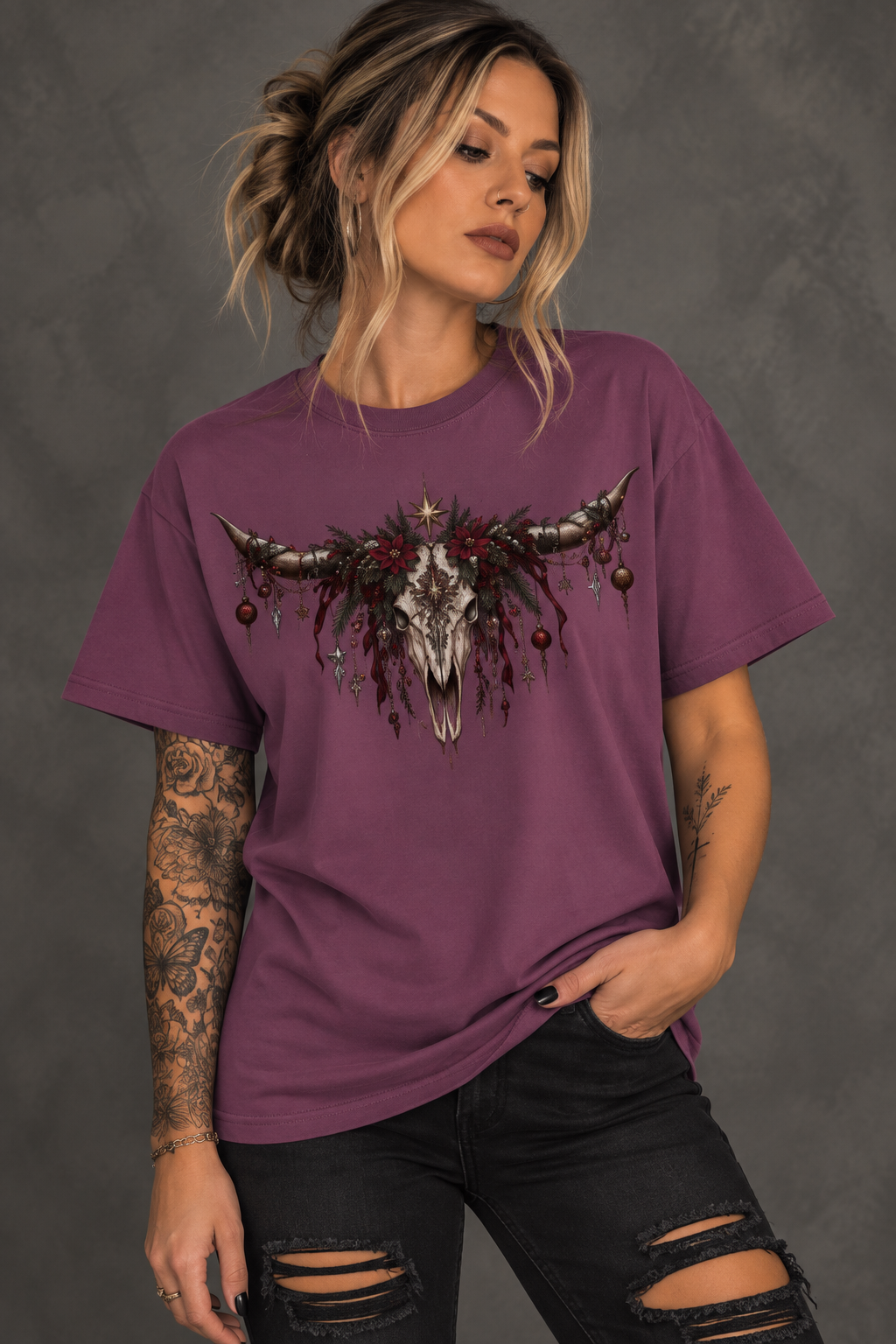Western Skull Christmas T-Shirt — Boho Longhorn Design