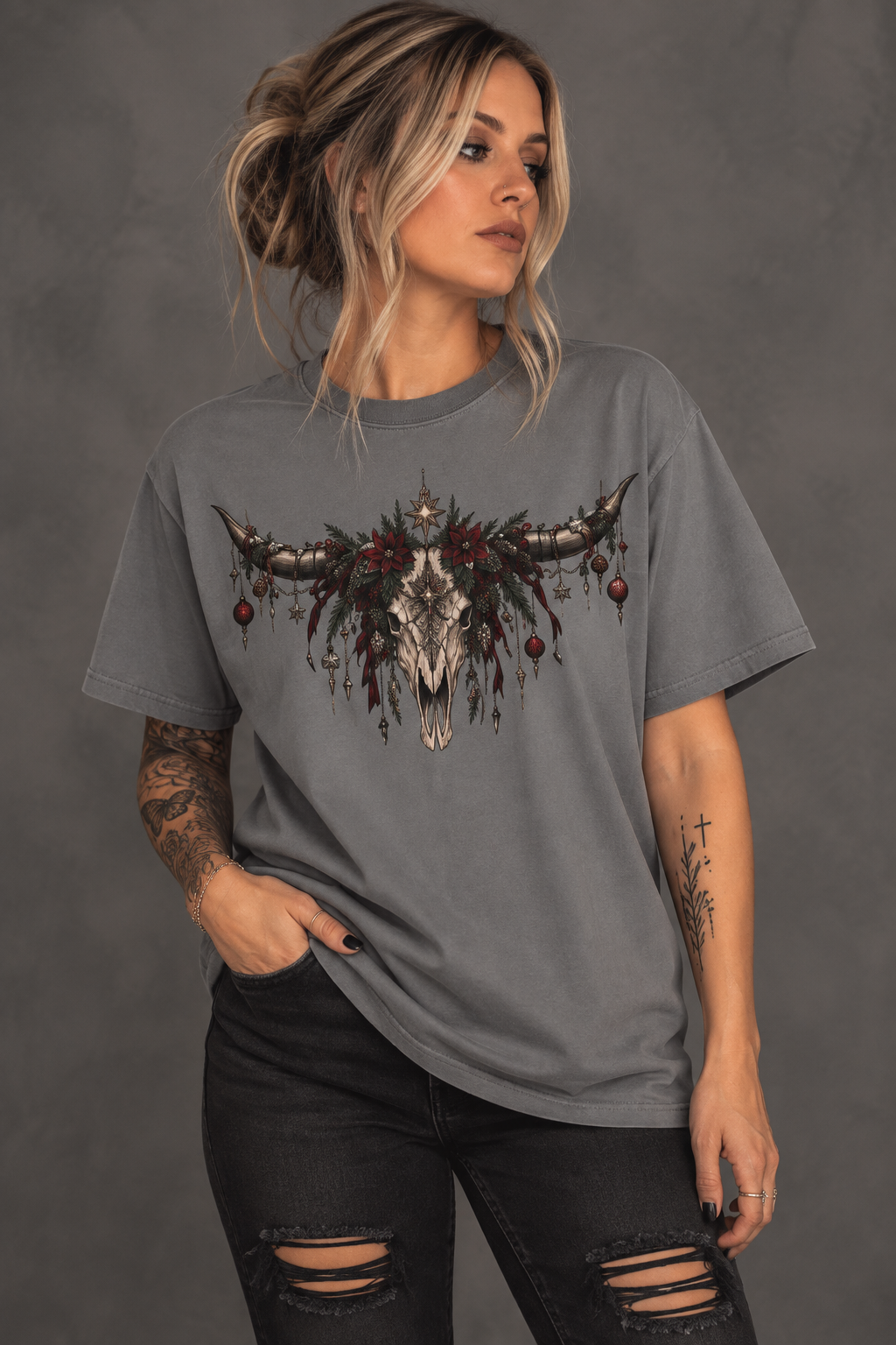 Western Skull Christmas T-Shirt — Boho Longhorn Design