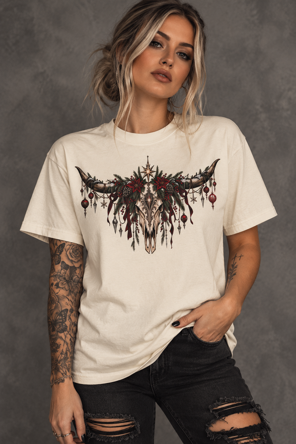 Western Skull Christmas T-Shirt — Boho Longhorn Design