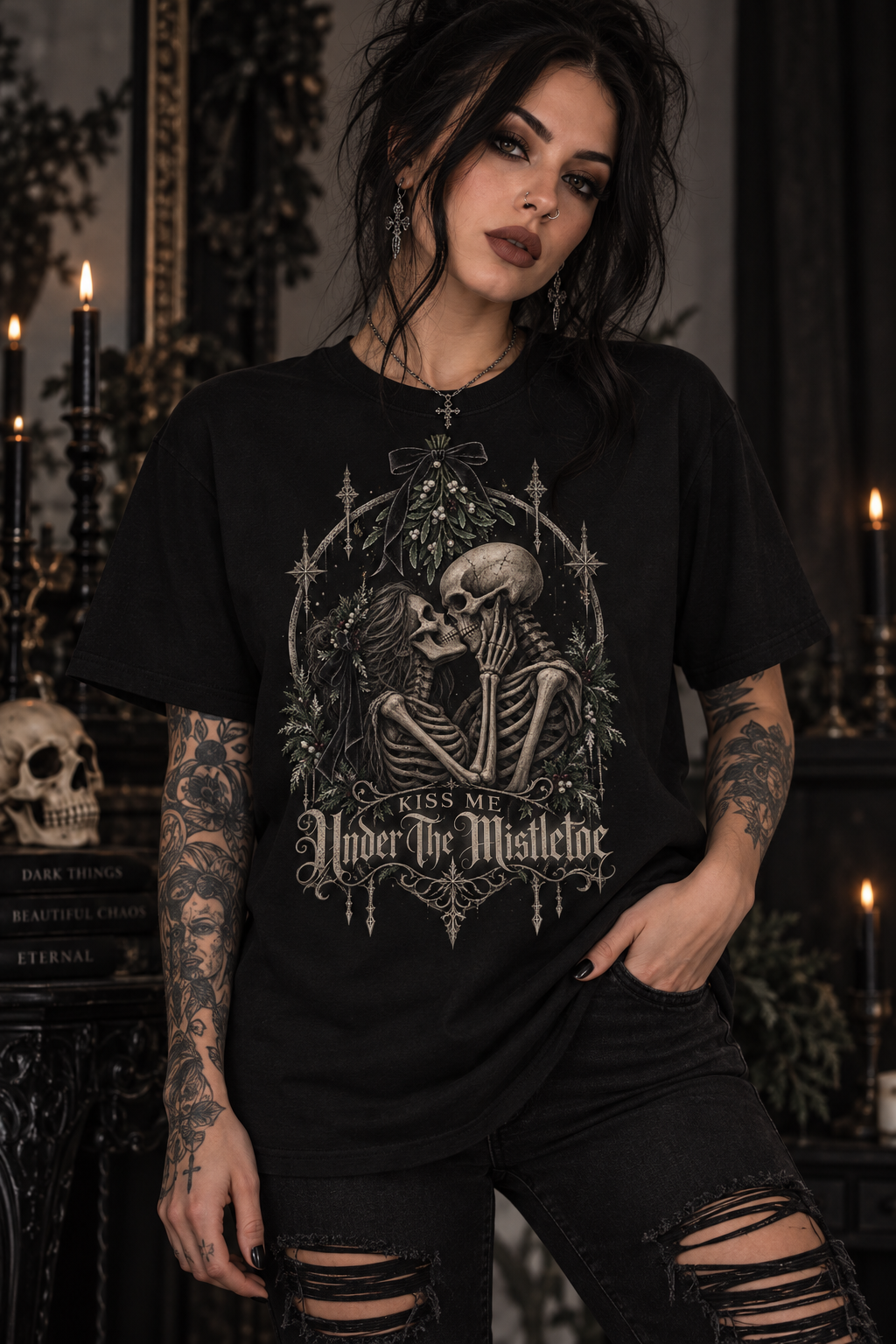 “Under the Mistletoe” T-Shirt — Gothic Skeleton Kiss