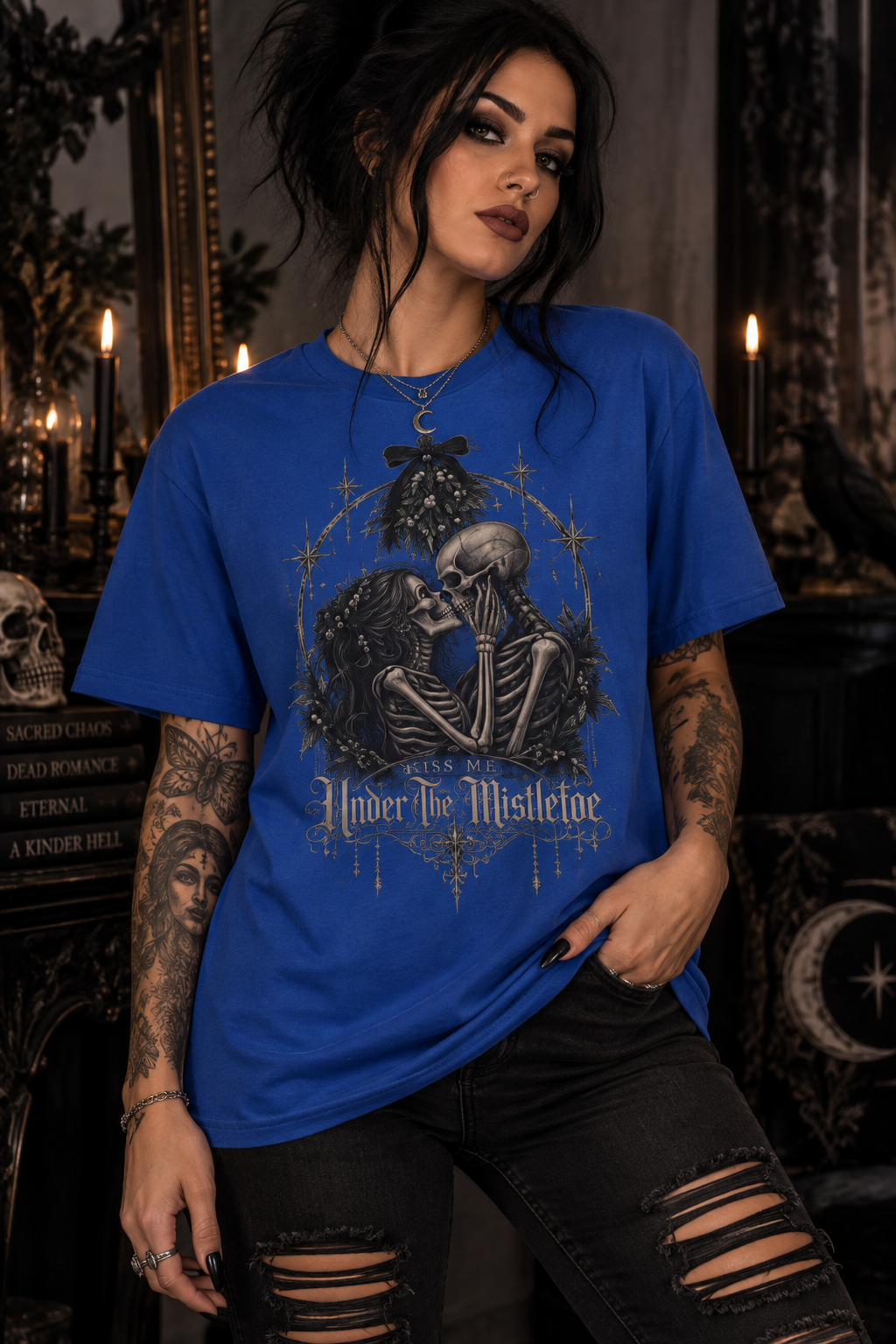 “Under the Mistletoe” T-Shirt — Gothic Skeleton Kiss