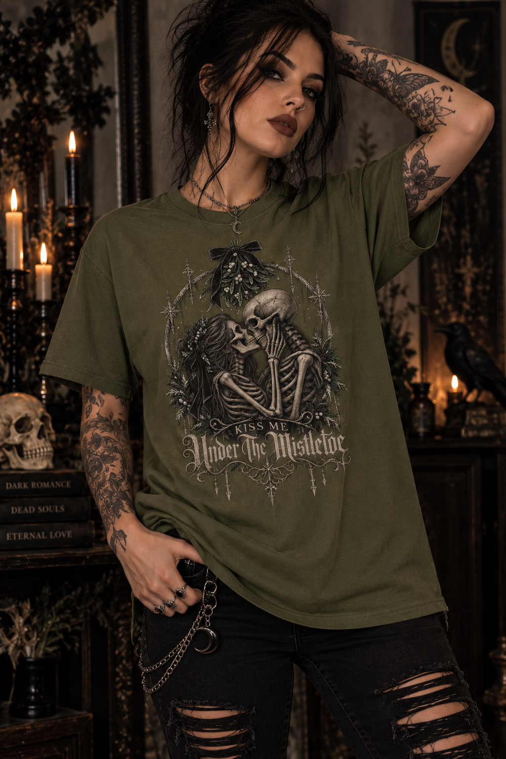 “Under the Mistletoe” T-Shirt — Gothic Skeleton Kiss