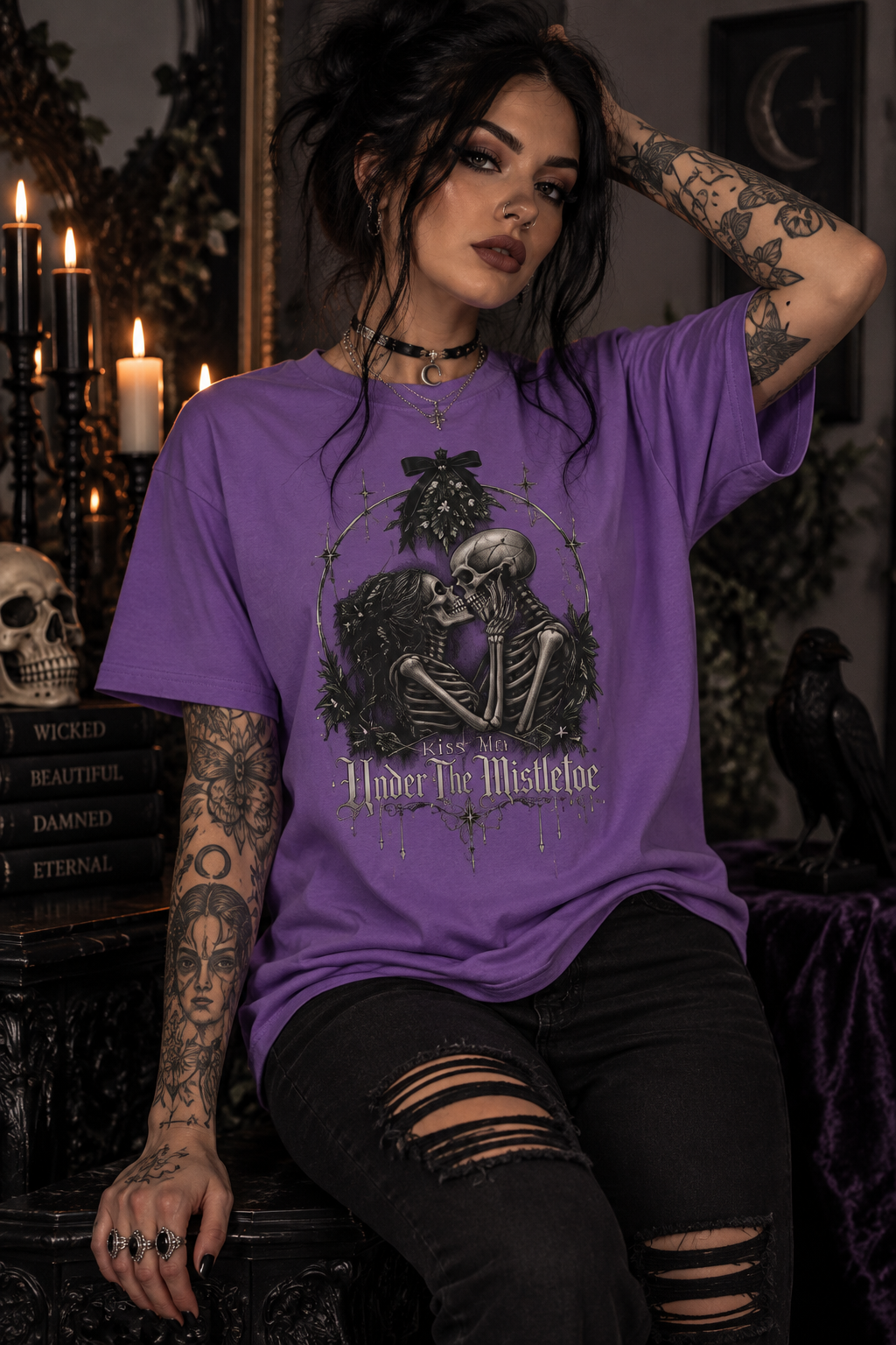 “Under the Mistletoe” T-Shirt — Gothic Skeleton Kiss