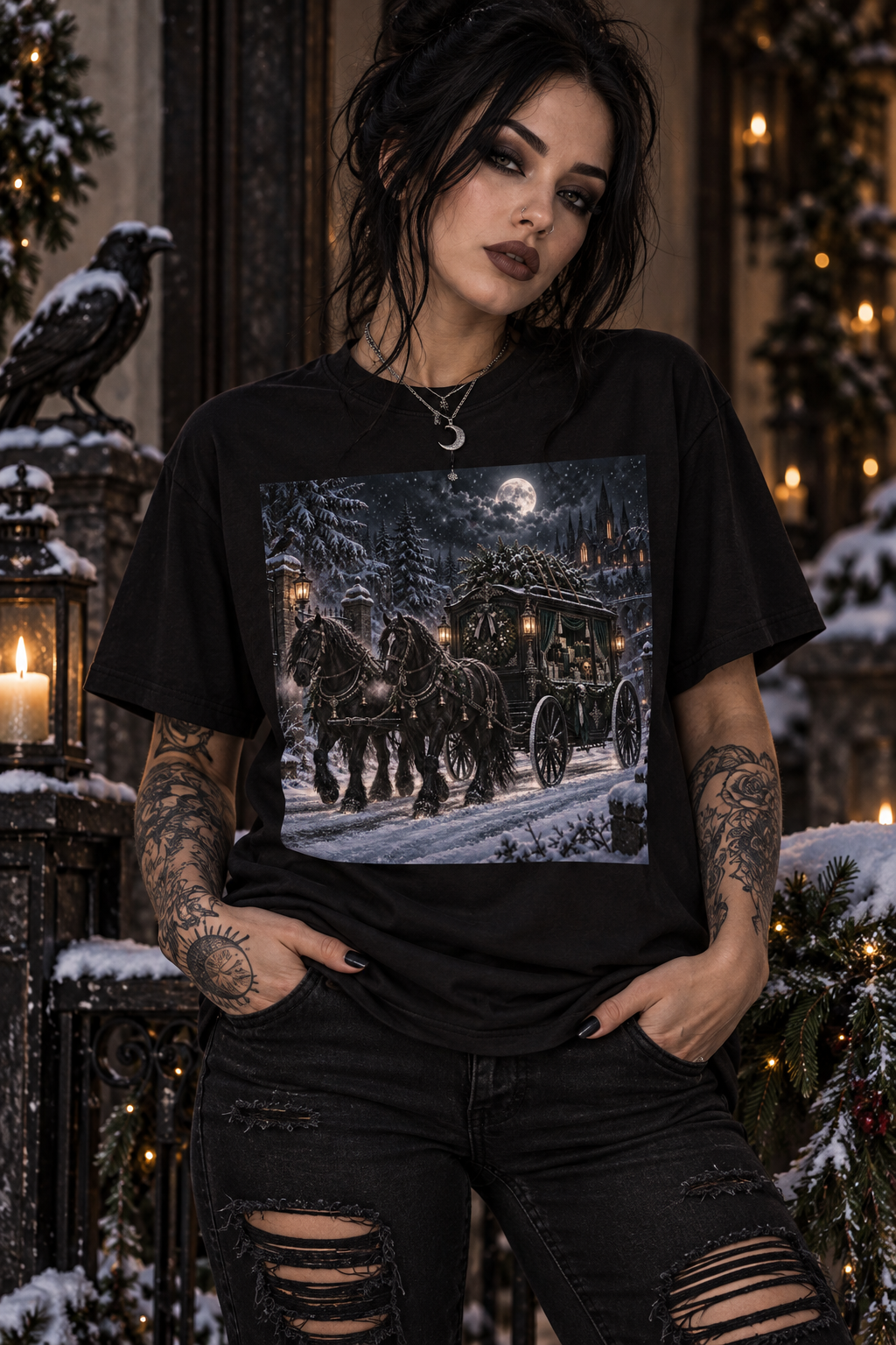 Midnight Carriage T-Shirt — Gothic Winter Scene