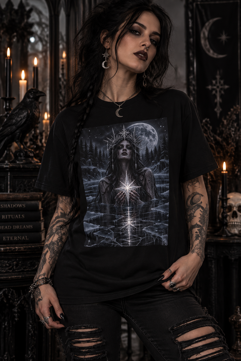 Mystic Moonlight T-Shirt — Gothic Star Goddess Graphic Tee