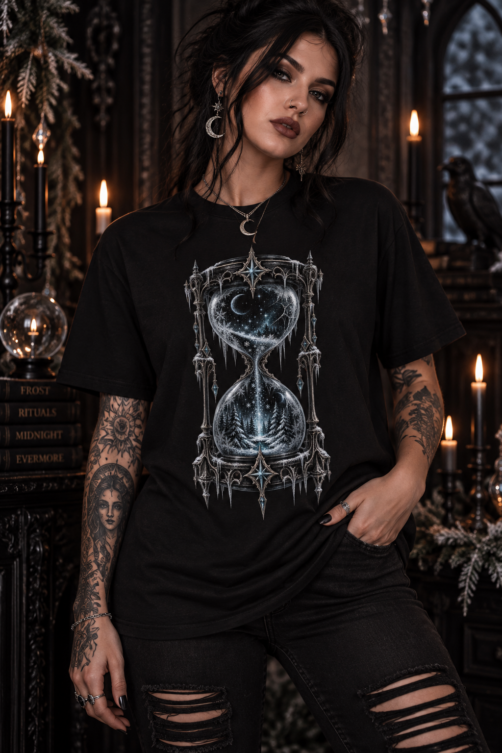 Gothic Hourglass Tee — Celestial Heart & Moonlight Sand Christmas Graphic T-Shirt