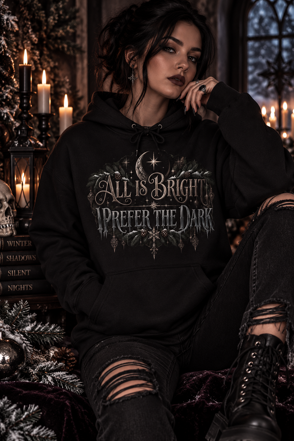 All Is Bright I Prefer The Dark Hoodie — Gothic Christmas Pullover