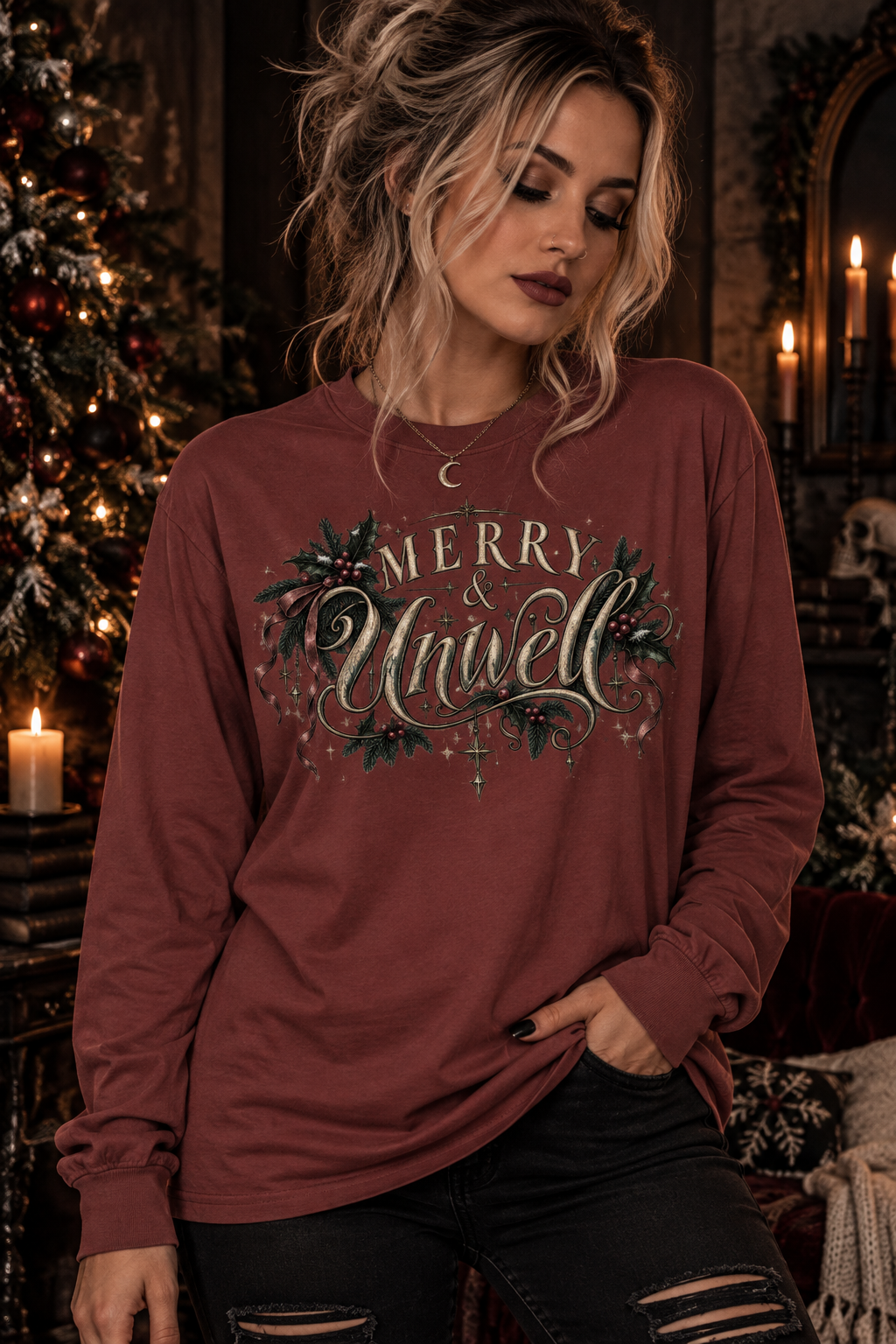 Merry & Bright Long Sleeve Tee — Vintage Holiday Christmas Shirt