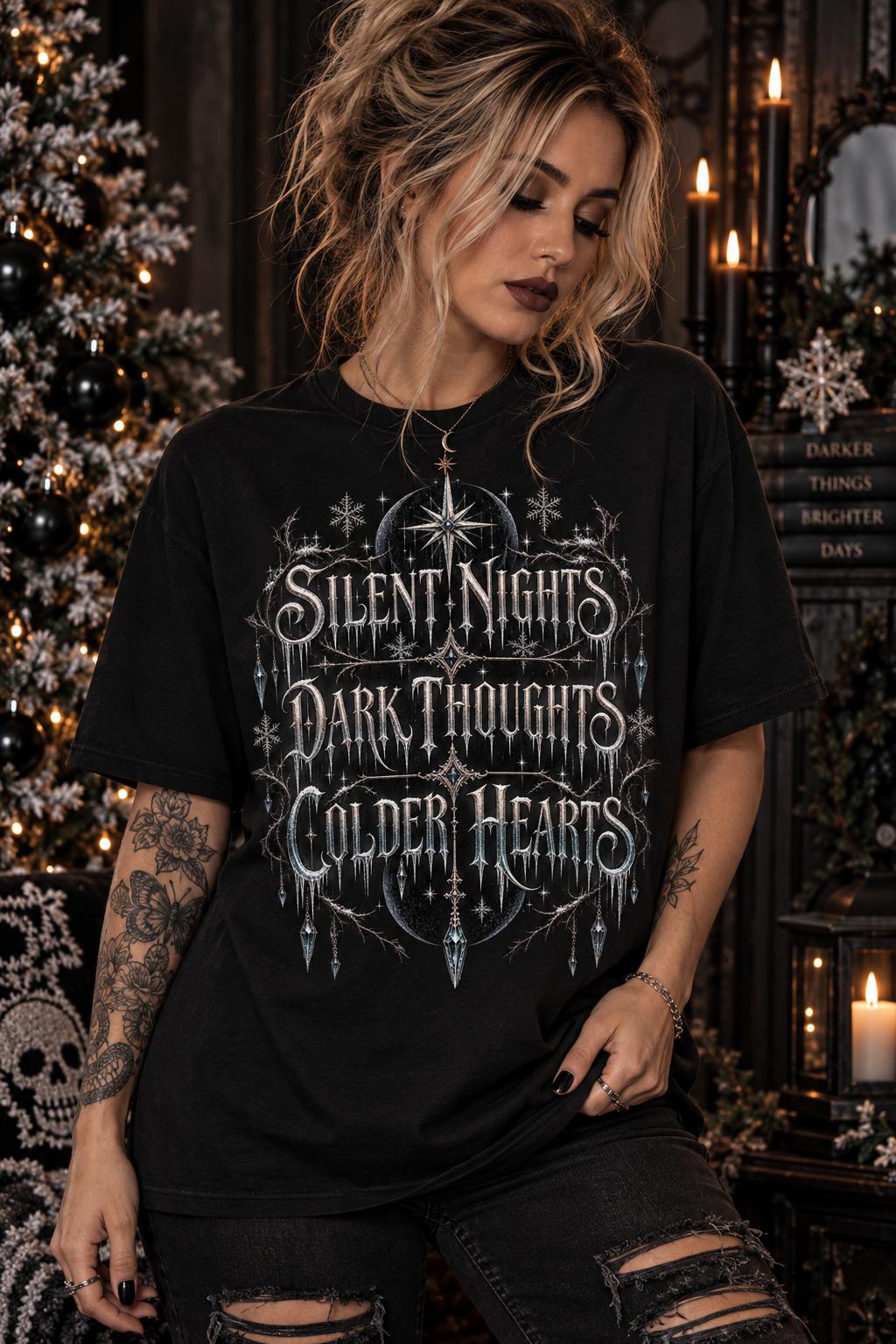 "Silent Nights, Dark Thoughts, Colder Hearts” T-Shirt — Gothic Holiday Graphic