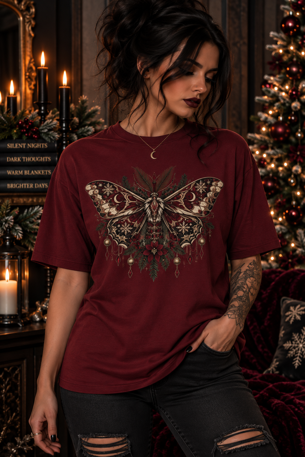 Christmas Moth T-Shirt — Gothic Holiday Floral Graphic Tee