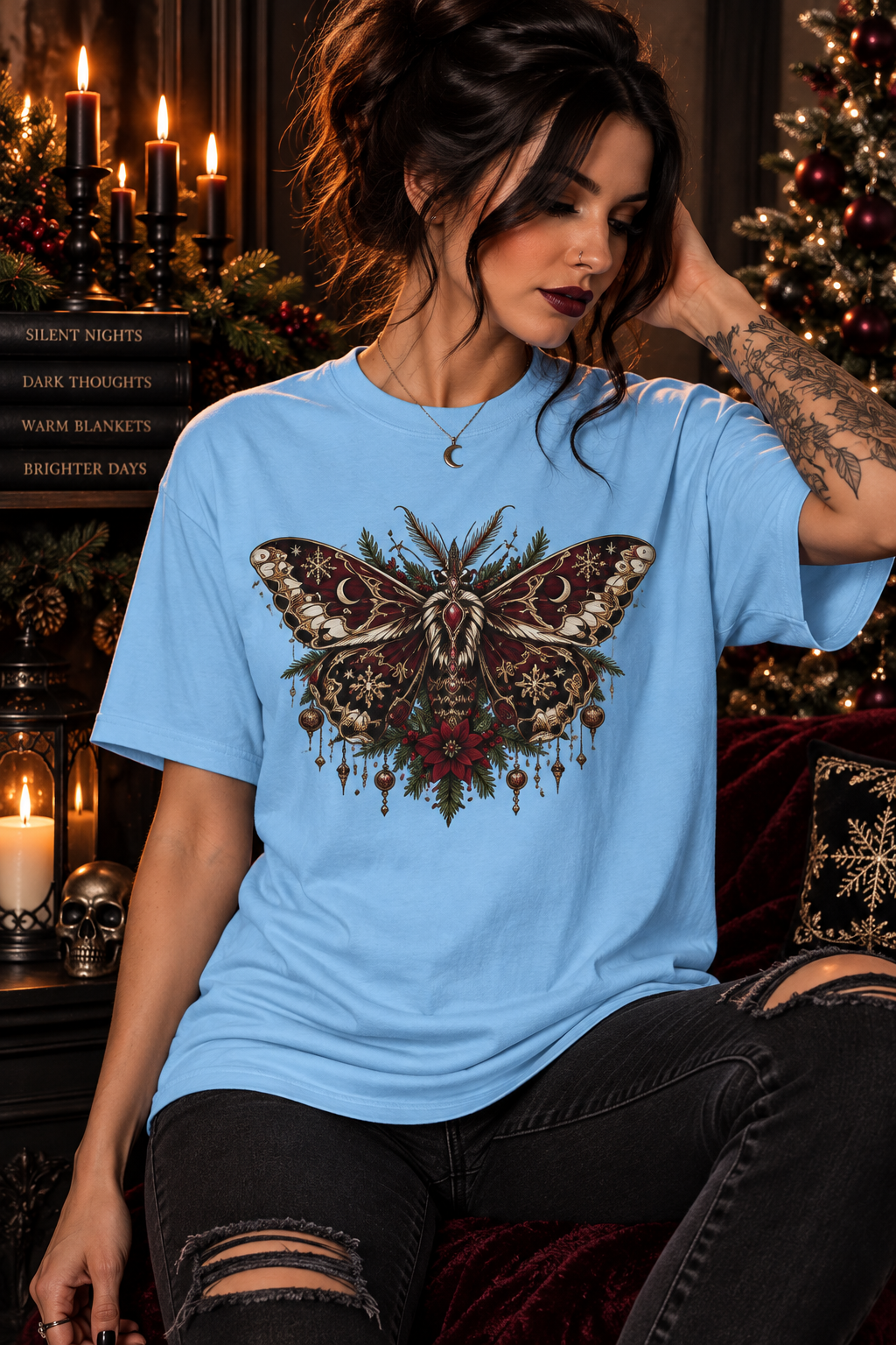 Christmas Moth T-Shirt — Gothic Holiday Floral Graphic Tee