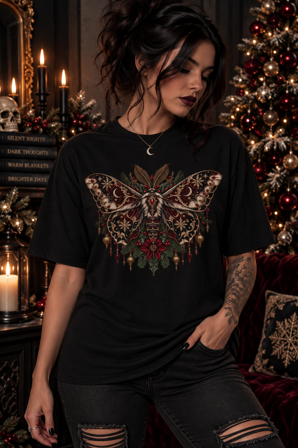Christmas Moth T-Shirt — Gothic Holiday Floral Graphic Tee