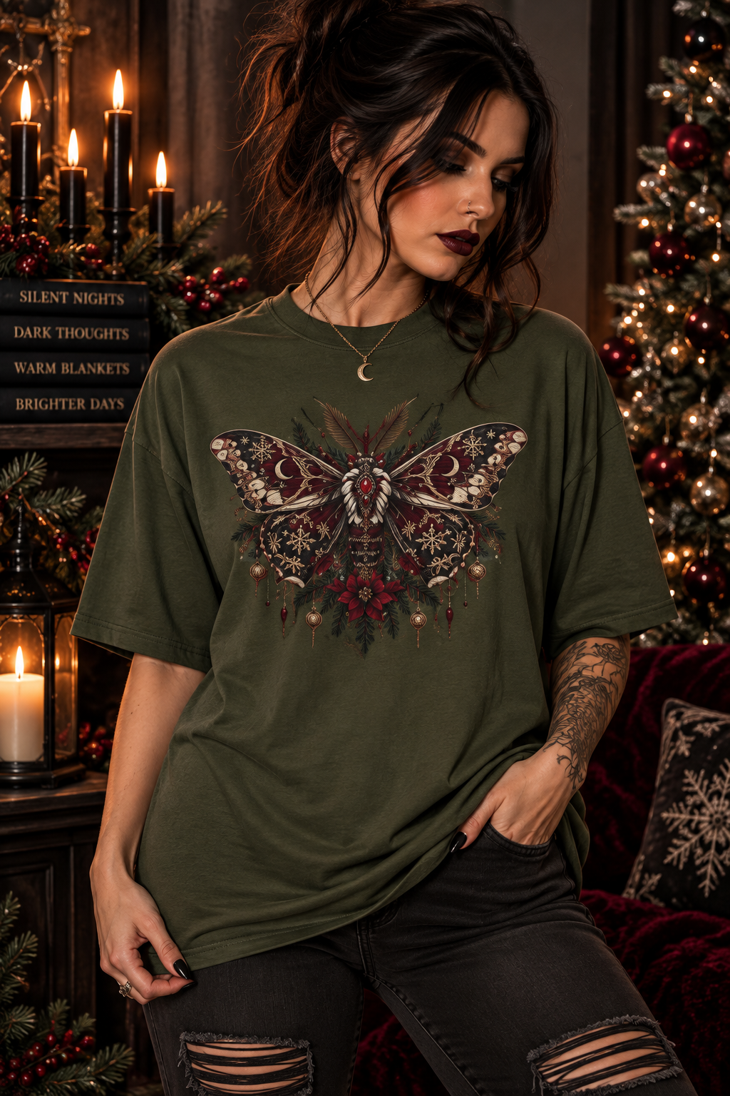 Christmas Moth T-Shirt — Gothic Holiday Floral Graphic Tee