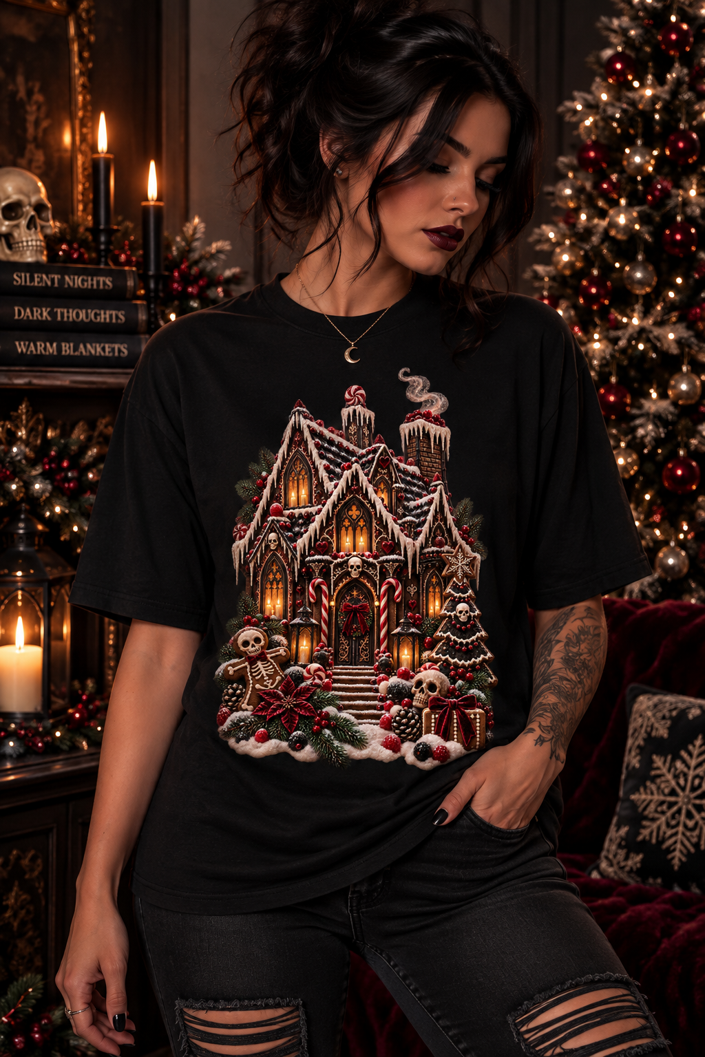 Gothic Gingerbread House T-Shirt — Spooky Christmas Art