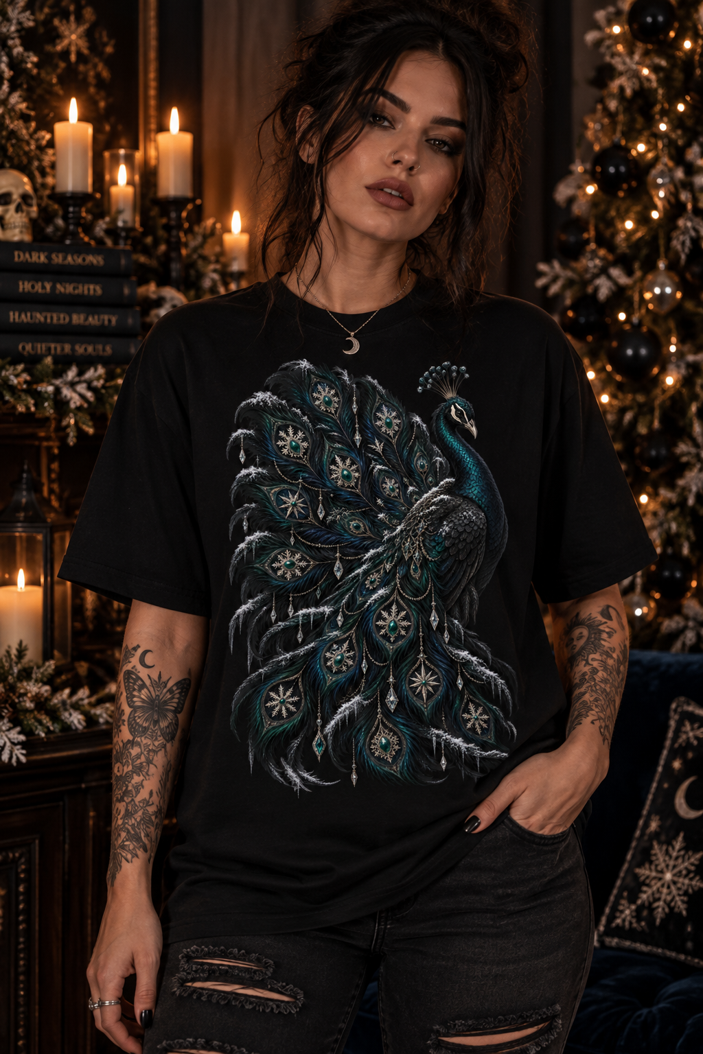 Peacock Graphic T-Shirt — Elegant Vintage Peacock Feather Illustration
