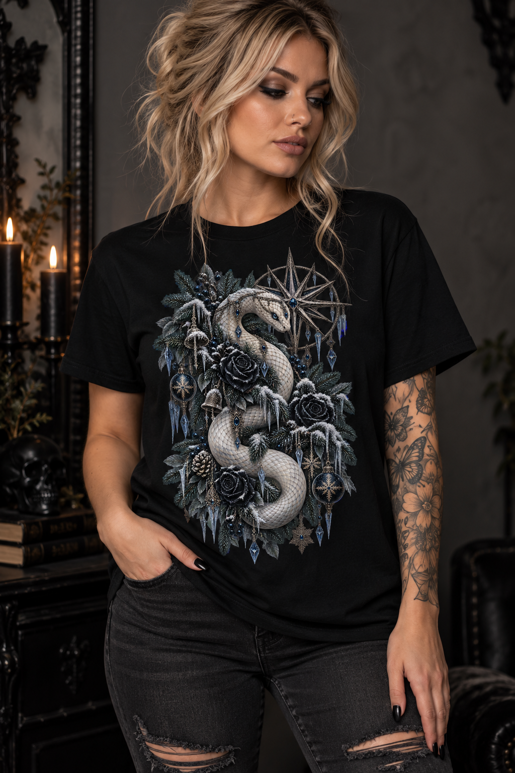Christmas Serpent T-Shirt — Gothic Holiday Botanical Tee