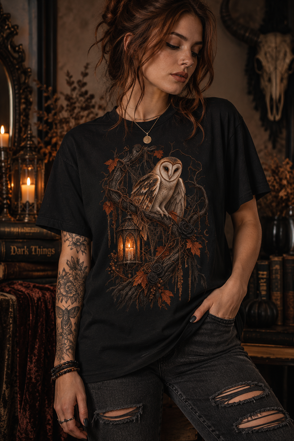 Barn Owl & Lantern T-Shirt — Gothic Night Wildlife