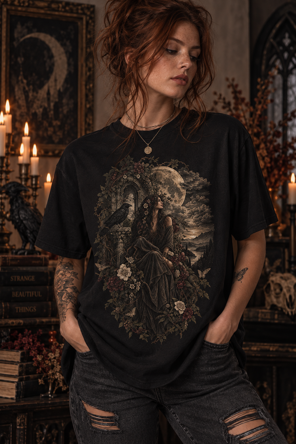 Moonlit Gothic Woman Tee — Raven & Dark Botanical Garden T-Shirt