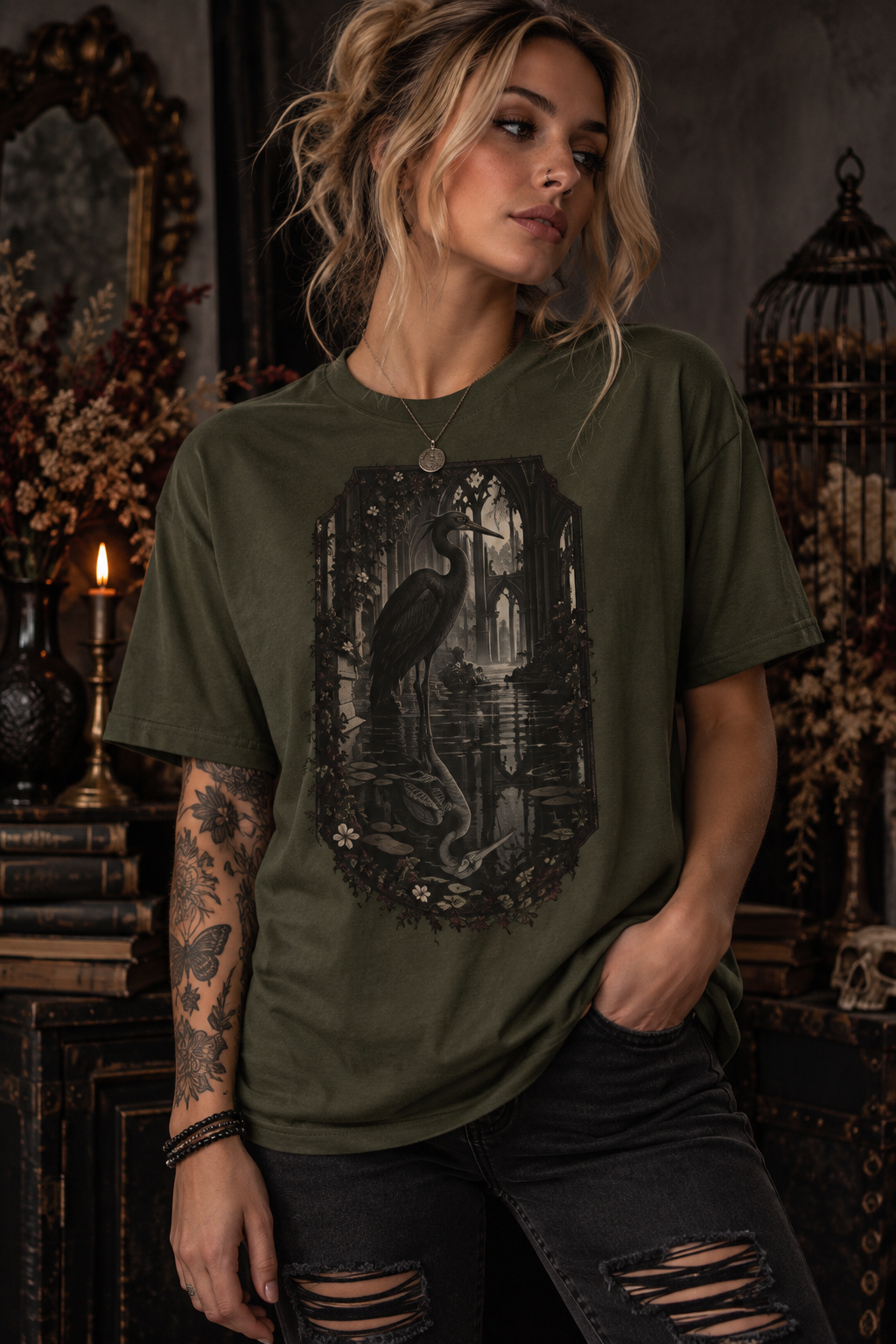 Heron & Ruins Graphic T‑Shirt — Gothic Nature Scene