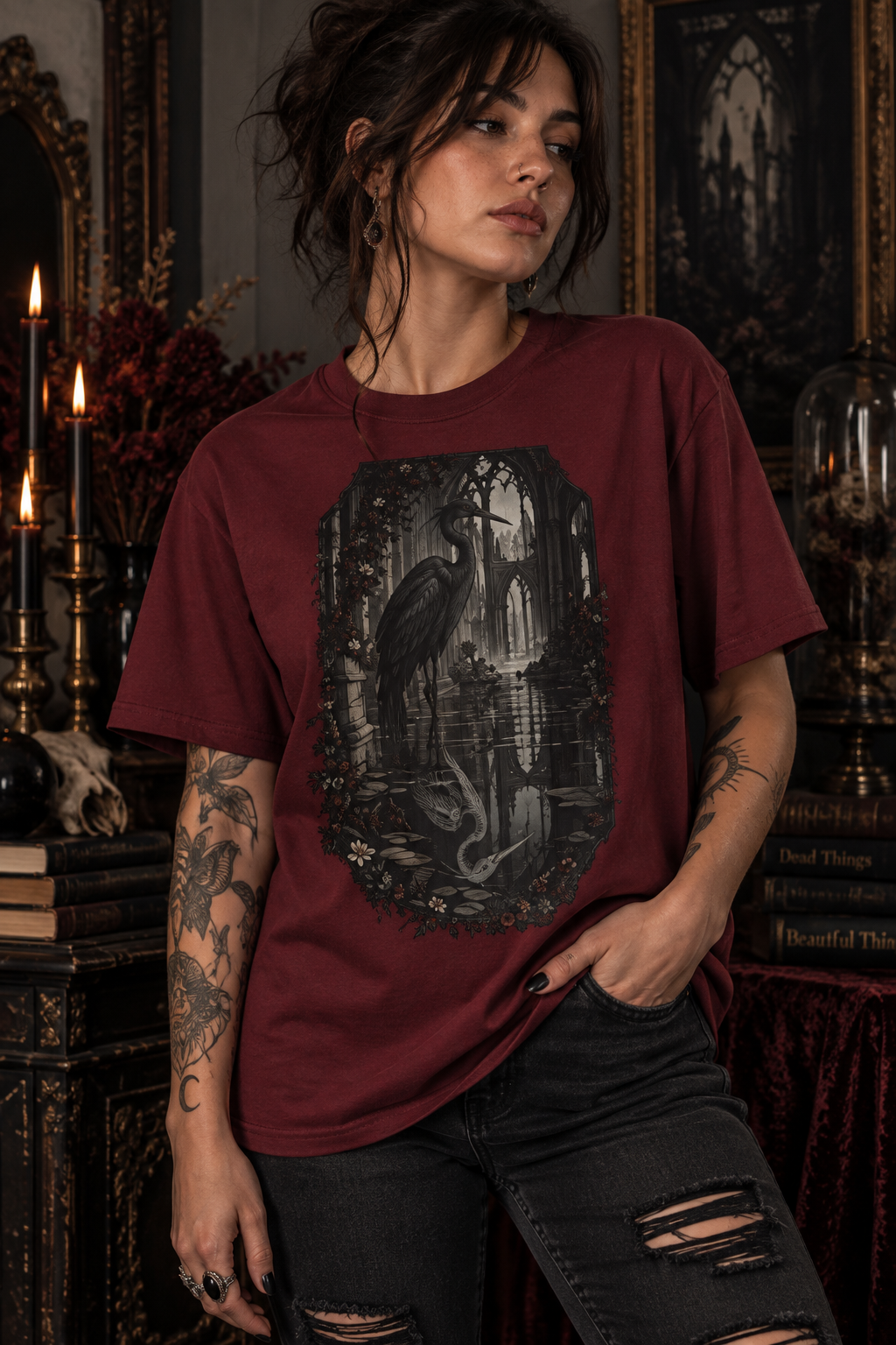 Heron & Ruins Graphic T‑Shirt — Gothic Nature Scene