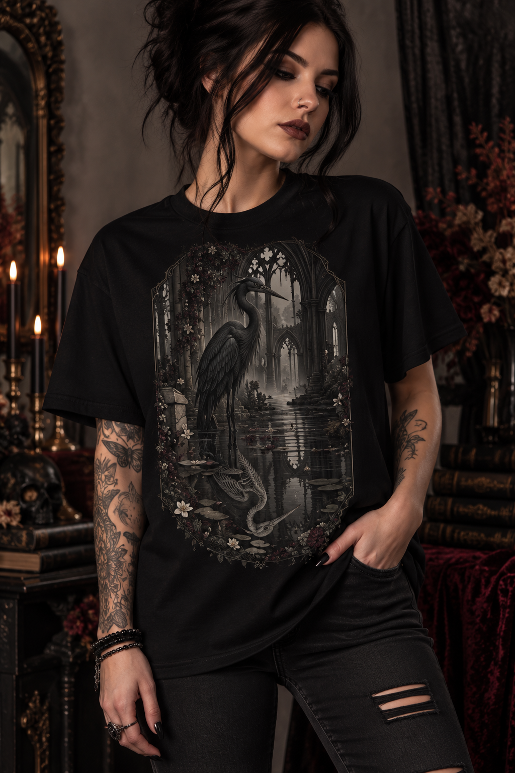 Heron & Ruins Graphic T‑Shirt — Gothic Nature Scene